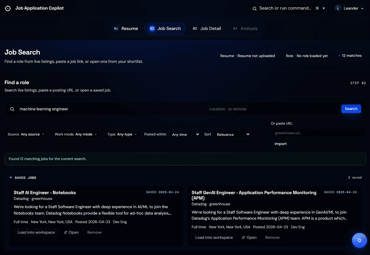 Job Application Copilot workspace — Job Search with results and saved jobs